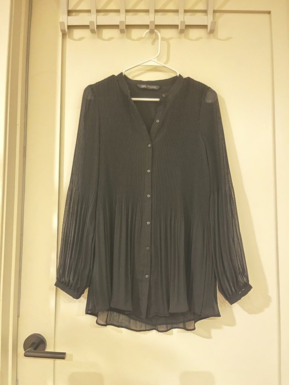 Zara Black Pleated Semi-Sheer Button Front Long Sleeve Blouse XS
